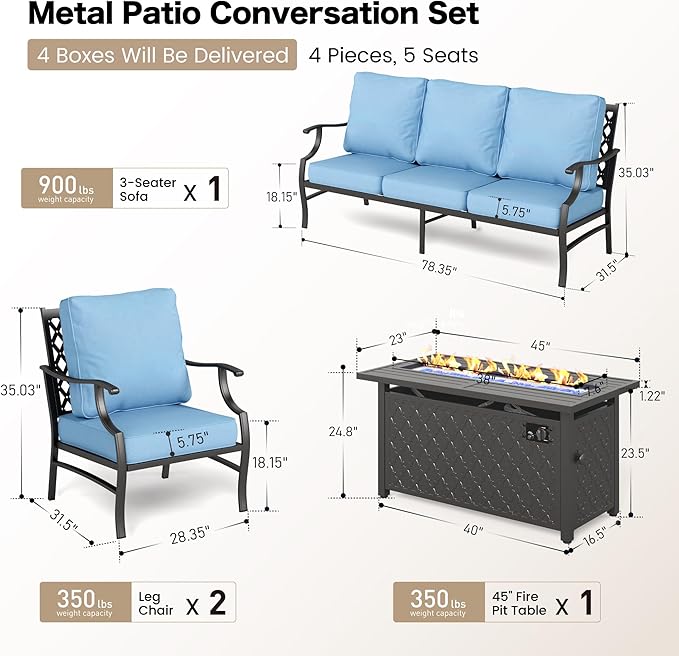 4 Piece Metal Outdoor Patio Furniture Sets with 5000 BTU Firepit Table, Patio Conversation Sets 1 3-Seater Sofa, 2 Fixed Chair with 5.75" Thick Cushion, Black Backyard Furniture, Blue