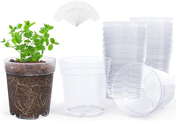 homenote Clear Nursery Pots for Plants,6.7 Inch Plant Pot for Planting Plastic Seedling with Drainage Holes Seed Starter Flower High Transparency with 20 Labels (15 Pack)