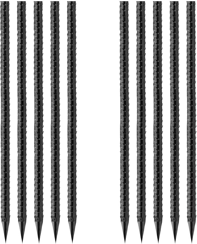 Straight-Rebar-Ground-Stakes 16Inch,Black Coated Straight Ground Anchors with Chisel Point End,Anti-Rust 10Pack Heavy Duty Steel Stakes for Landscape Timbers House Structure Plant Support in Garden