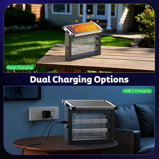 Solar Bug Zapper Outdoor, Mosquito Zapper Waterproof Electric Fly Zapper Rechargeable Mosquito Killer Lamp with 10W Solar Panel, 4500V Cordless Fly Trap for Backyard, Patio, Garden, RV, Camping