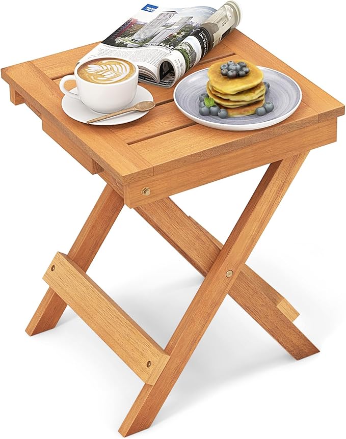 Tangkula Outdoor Folding Side Table, Wood Patio Bistro Table with Slatted Tabletop & X-Shaped Legs, Portable Square Coffee Table for Garden, Poolside, Camping, Picnic, 14" x 14" x 18" (1, 14 inches)