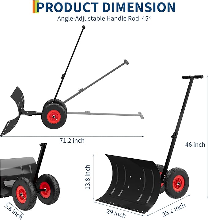 15" H X 30" W Metal Snow Pusher with Wheels, Adjustable Angle & Height Handle for Effortless Snow Removal | Ergonomic Double-Rod Design for Driveway & Sidewalk