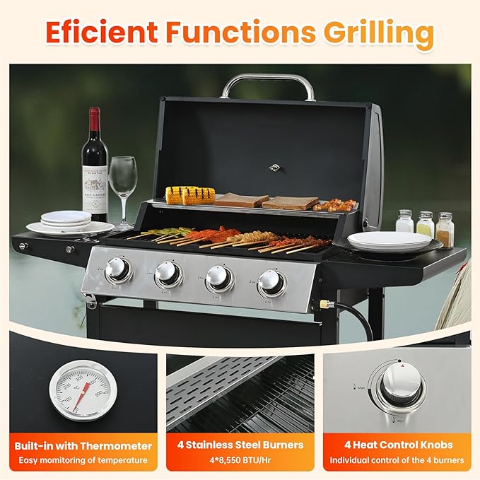 4-Burner Propane Gas BBQ Grill with Porcelain-Enameled Cast Iron Grates and 2 Foldable Side Tables, 34,000 BTU Stainless Steel Grill for Outdoor Camping Barbecue Grilling Backyard Cooking