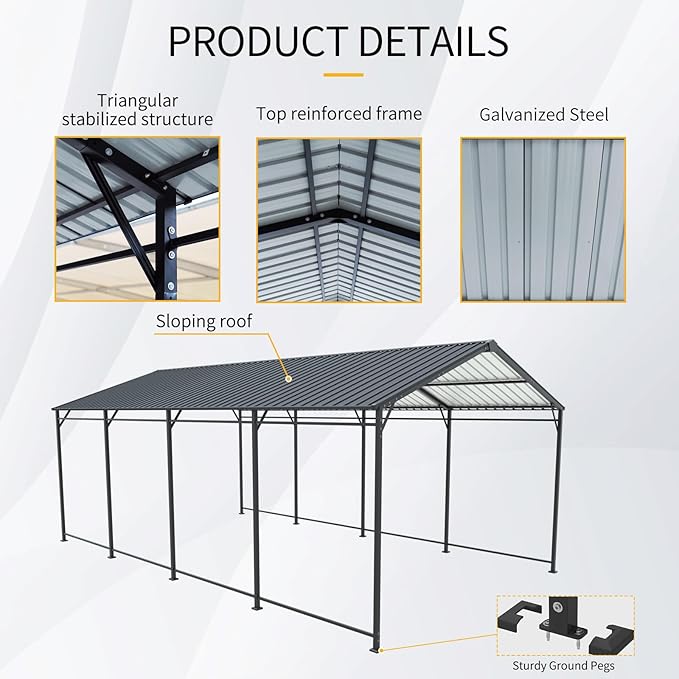 Carport, Heavy Duty Carport with Galvanized Steel Roof and Frame, Metal Large Garage with 4 Fixed Inclined Square Tube Supports (12 * 21 FT)