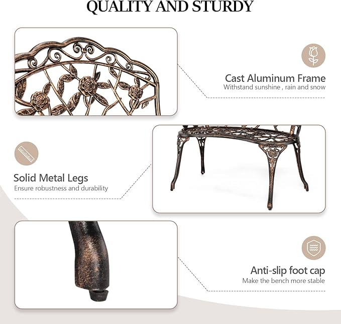 VINGLI 38.5" Patio Park Garden Outdoor Metal Rose Bench,Cast Iron Cast Aluminium Frame Antique Finish Chair,Accented Lawn Front Porch Path Yard Decor Deck Furniture for 2 Person Seat（Bronze