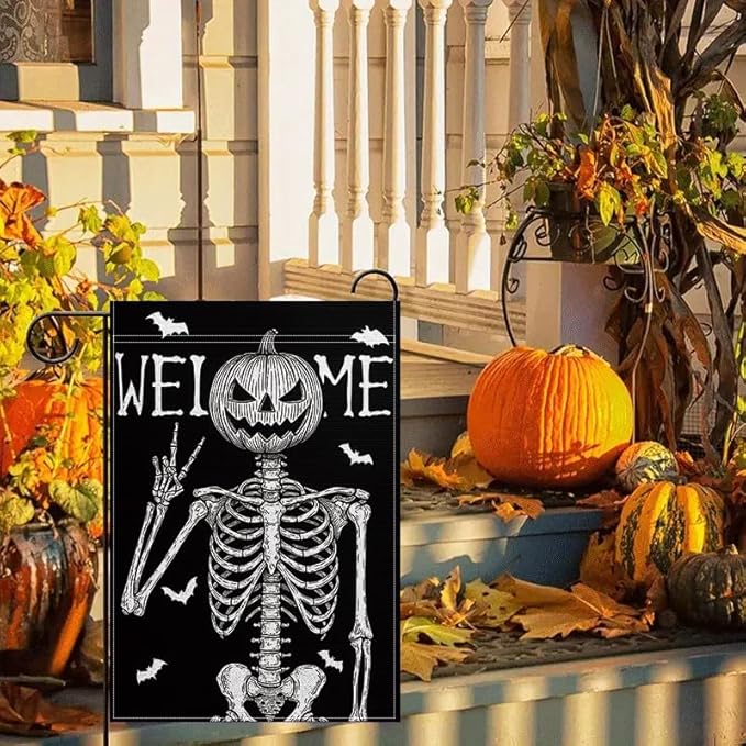 Halloween Welcome Garden Flag 12x18 Inch Double Sided, Grim Reaper Skeleton Pumpkin Yard Flag, Outdoor Porch Patio Lawn Decoration for Haunted House, Birthday Party, Holiday Seasonal Décor