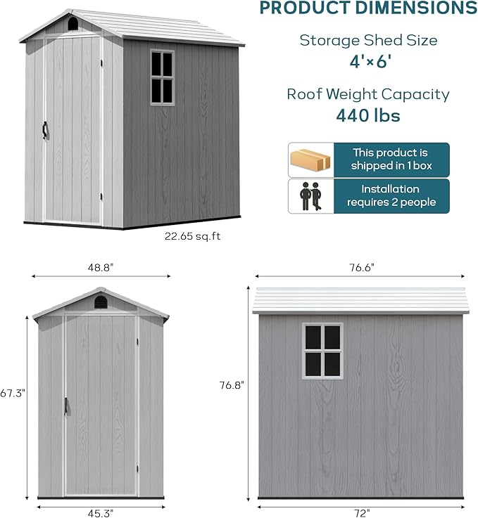 Greesum 4×6FT Plastic Outdoor Storage Shed with Floor, Resin Storaged Sheds with Lockable Door, Window & Vent, All-Weather Tool Sheds for Garden, Backyard, Patio, Light Gray (One-Piece Panel)