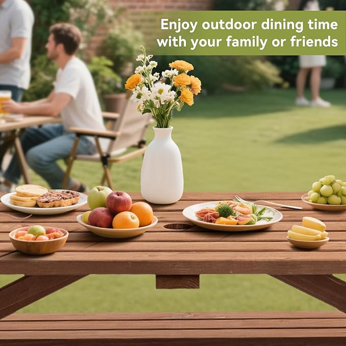 8-Person Wooden Picnic Table with 2 Built-in Benches, 75" L x 50" W Outdoor Dining Table, 2220lb Capacity Includes Umbrella Hole, Perfect for Backyard, Camping, Natural