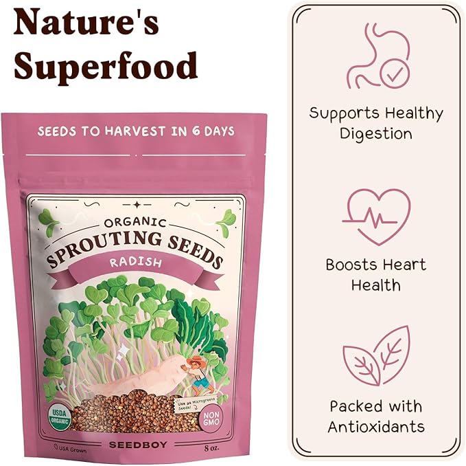 Seedboy Organic Radish Seeds for Sprouting - Non-GMO, USA Grown Microgreens Sprouting Seeds Mix - Makes 8 Quarts of Sprouts, 24 Servings (8 oz) (Daikon Radish)