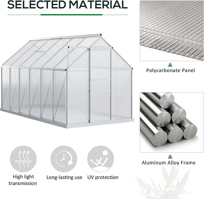 Outsunny 6' x 12' x 6.5' Polycarbonate Greenhouse with Adjustable Roof Vent, Walk-in Heavy Duty Green House Kit with Aluminum Frame, Sliding Door and Rain Gutter for Winter, Silver