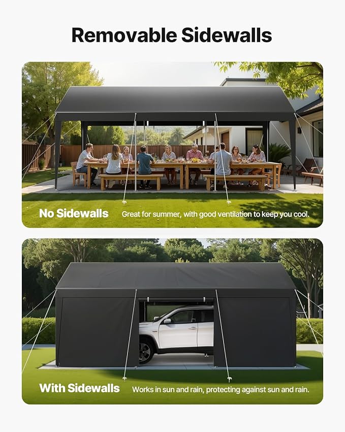 VEVOR 12x20 FT Heavy Duty Carport, Portable Car Canopy with Removable Sidewalls and Door, Outdoor Car Shelter, UV-Resistant, Water-Resistant, All-Season Car Shelter for Cars, Boats, and Equipment