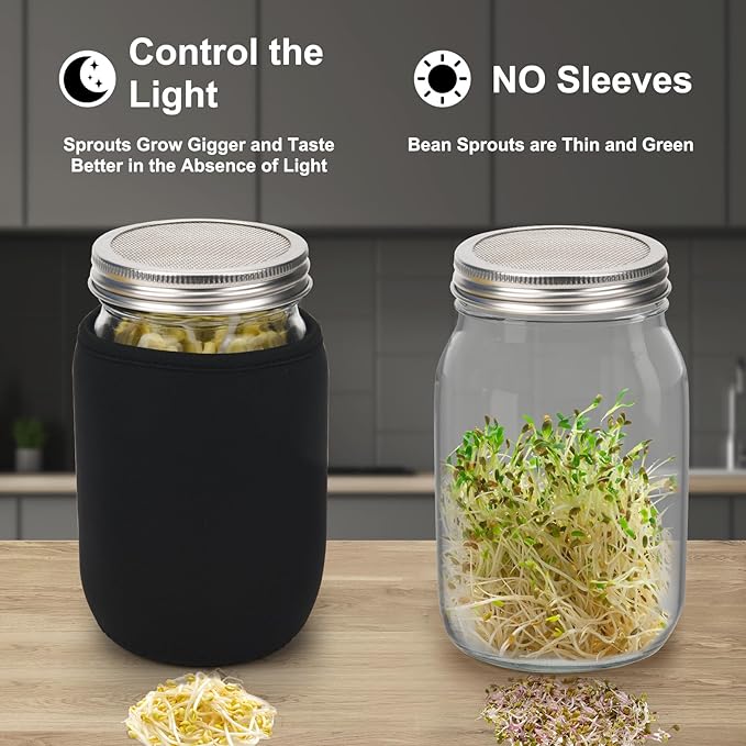 Lulonpon Sprouting Kit, 2 Sprouting Jar Kits, Wide Mouth Quart Mason Jars with Stainless Steel Screen Sprout Lids,1000ml Sprouts Growing Kit, Seed Sprouter Set for Growing Broccoli, Bean, Alfalfa