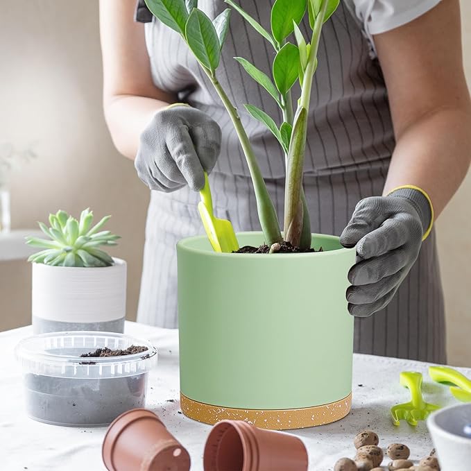 8 Inch Medium Flower Pots for Indoor Outdoor Plants, Cylinder Deep Plant Pots with Drainage Holes & Saucer, Decorative Plastic Planter Pots for Garden House Plants, Green with Brown