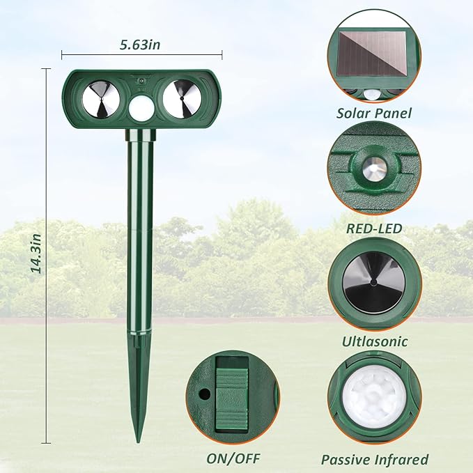 4 Pack Ultrasonic Animal Repellent Solar Deer Repellent Devices Cat Repellent Outdoor Animal Cat Deterrent to Repel Dog, Squirrel, Raccoons, and Rabbits Skunk Waterproof with Motion Sensor