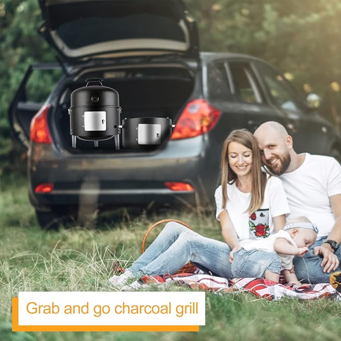 Charcoal BBQ Grill, Heavy Duty 3-in-1 Barbecue Smoker Grill for Garden Camping Outdoor Cooking and Grilling