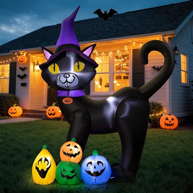 6FT Halloween Inflatable Black Cat with Witch Hat and 4 Colorful Pumpkins, Cute Blow Up Yard Decoration with LED Lights for Lawn, Garden, Balcony, Outdoor Holiday Party Events