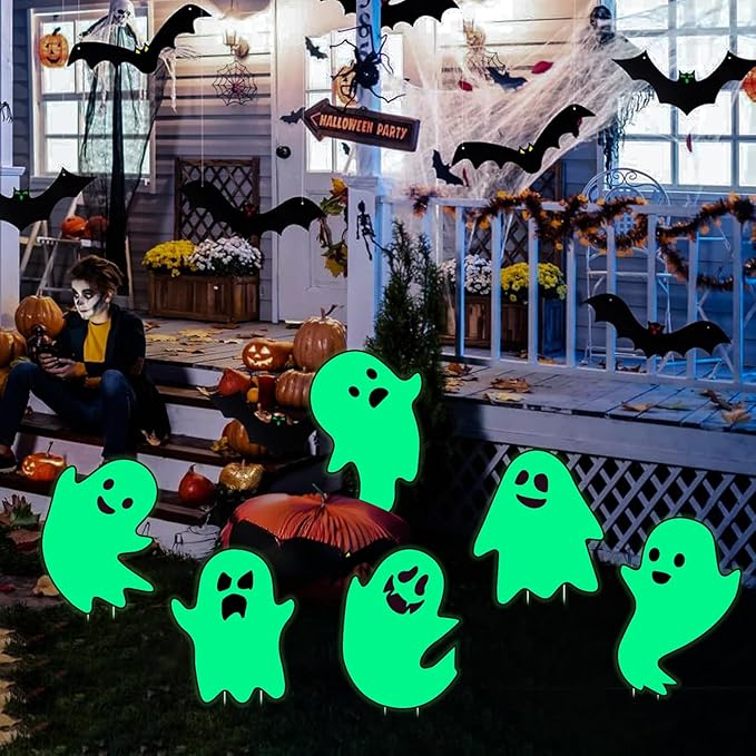 6Pcs Halloween Ghost Yard Stakes Glow in The Dark, 17"x12" Large Light Up Scary Ghost Decorations for Outdoor Lawn, Porch, Cemetery and Indoor Haunted House Displays, Waterproof and Easy Setup