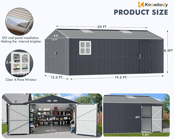 Metal Garage Shed 13x20x8.5' with Floor Kit, Large Outdoor Storage Building Ultra-Reinforced Truss System, with Skylights Dual-Entry Steel Carport Workshop for Car Boat Big Tool Organization