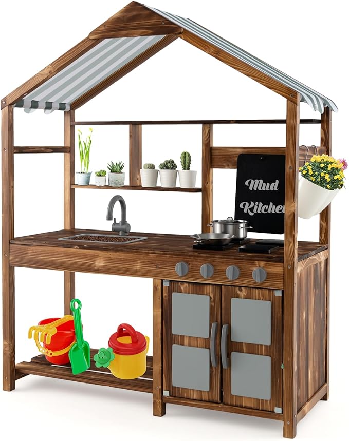 HONEY JOY Mud Kitchen with Canopy, Fir Wood Play Kitchen for Toddlers, Garden Sink, Stoves, Chalkboard, Storage Cabinet, Flowerpot, Outside Kitchen Playset, Mud Kitchen for Kids Outdoor Backyard