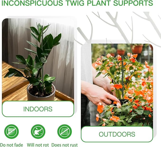 Plant Support Stakes Set 6 Pack 28.5" Detachable Twig Monstera Plant Support Sticks with Dragonfly Clips Orchid Clips, Stackable Green Branch Trellis for Climbing Potted Plants Indoor Outdoor