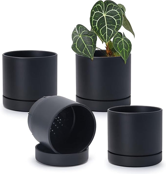 Phoenix Vine 6 Inch Planter Pot with Drainage Hole & Saucer, Deep Water Catch Tray, Straight Cylindrical Round Pot for Plants, Matte Black, Pack of 4, 23-C-S-4