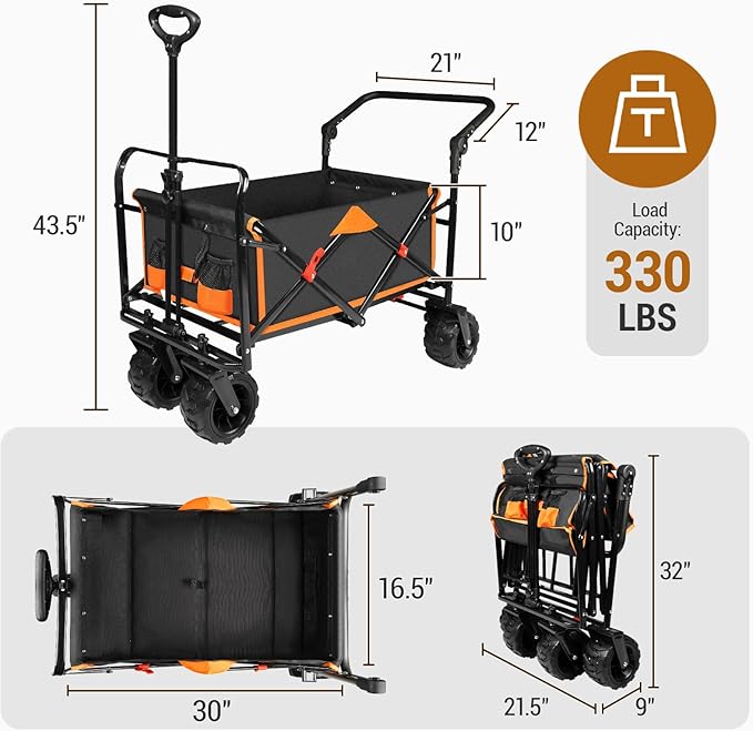 Taifa Foldable Collapsible Wagon Cart with Extra Push Pull Handle, Heavy Duty Portable Folding Beach Utility Grocery Wagon Cart with Big Wheels and Brakes for Sand, Camping, Shopping, Black and Orange
