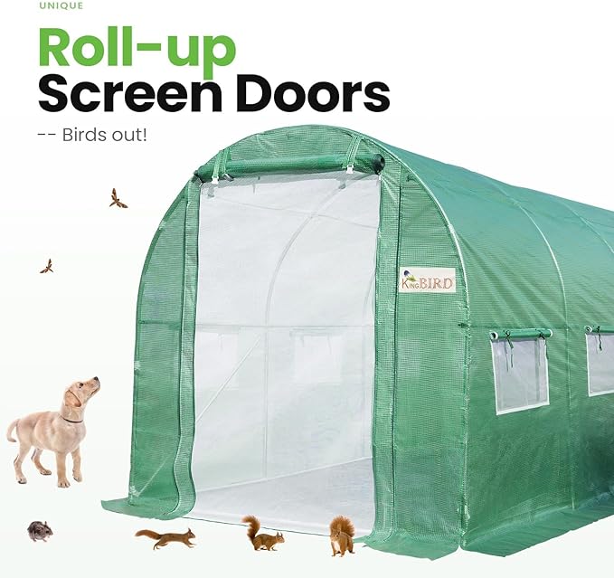 KING BIRD Premium 15x6.6x6.6FT Greenhouse for Outdoors, Large Walk-in Heavy Duty Galvanized Steel Frame, Mesh Door Screen Window Upgraded Zipper Tunnel Hoop for Garden Plant Winter, Green