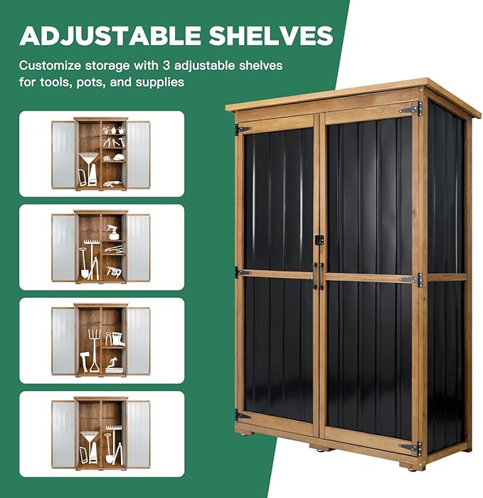 Outdoor Storage Cabinet, Wood & Metal Storage Shed with Weather-Resistant Roof, Double Lockable Doors, Removable Shelves & Adjustable Feet, for Patio, Backyard, Poolside, 46" x 18" x 68"