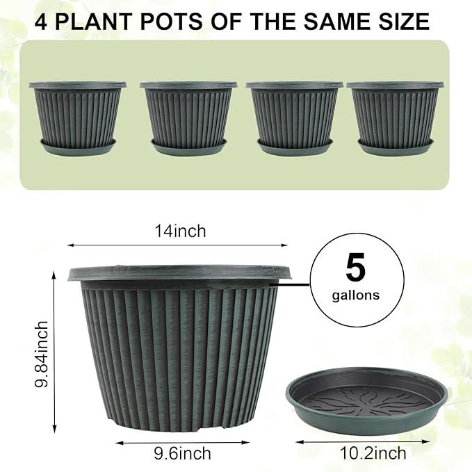 Large-Planter-Indoor-Outdoor Plant Pots, 14 inch 4 Pack Plastic Flower Pots with Saucer And Drainage Holes, Modern Garden Planters For Planting Medium Large Plants， Decorative Resin Garden Pots