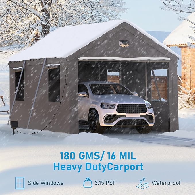 10x20 Carport Canopy, Heavy Duty Car Port, Portable Car Ports Garage with 2 Roll-Up Zipper Drive Through Doors, Grey