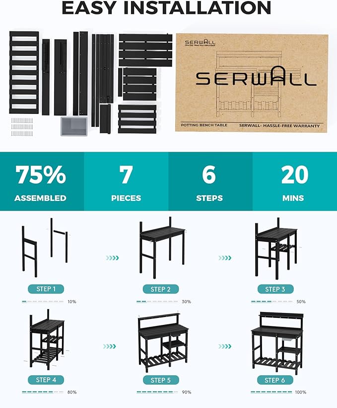 SERWALL Potting Bench Outdoor Potting Table with Sink, HDPE Potting Benches for Outside Gardening Table All Weather Use- Black