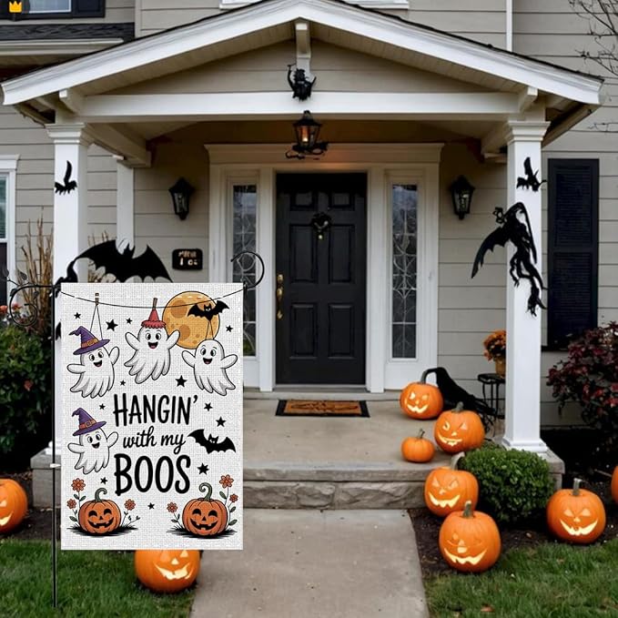 Fokongna Funny Halloween Spooky Pumpkin Garden Flag, Cute Halloween Decor Hangin’ With My Boos, 12x18 Inch Burlap Vertical Double Sided Flags, for Home Yard Outside Decorations