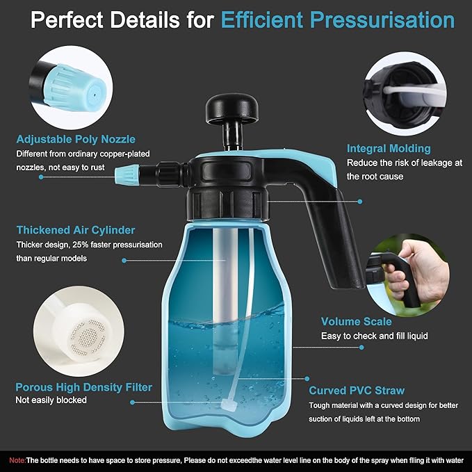 Handheld Pressure Sprayer, 0.26 Gallon Pump Sprayer with Adjustable Nozzle for Plant Spraying and Cleaning in Garden and Lawn, 1.0L Capacity