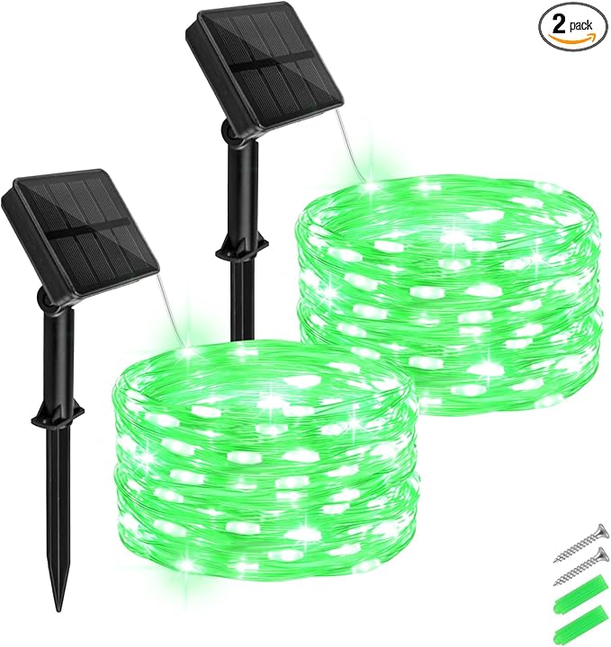 Solar Fairy Lights Green Outdoor Waterproof,16.4ft 50LED Solar String Lights Green for Outside 8 Modes 2 Packs for Patio Backyard Garden Deorations Green