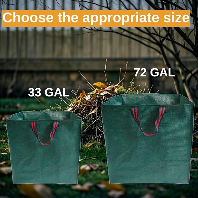 Heavy Duty Reusable Garden Bags with Reinforced Handles - 72-Gallon Leaf Collector & Yard Waste Bags, Portable Foldable Lawn Bags for Home, Garden, and Yard Cleanup