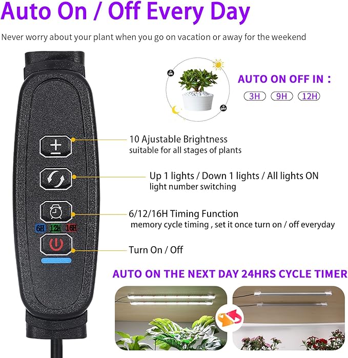 LED Grow Light Strips for Indoor Plants, 16‘’ Full Spectrum 240 LEDs with 4 Install Methods, 6/12/16H Timer, 10 Dimmable Levels, 3 Switch Modes for Seedling Succulent Sunlike Strip (2 Head 2 Pack)