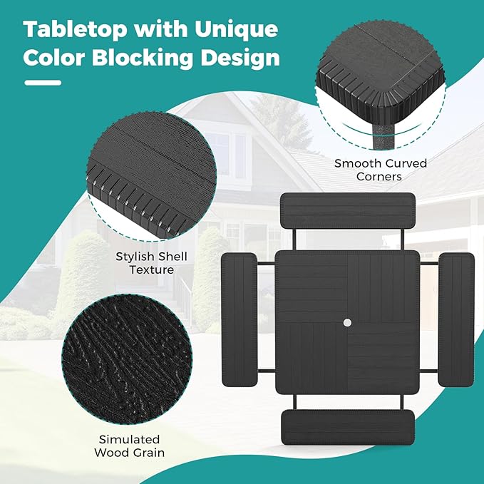 Giantex Picnic Table Bench Set for 4-8 People, 34" Outdoor Square Dining Table & 2 Benches w/Umbrella Hole, HDPE Tabletop, Metal Frame, Patio Camping Furniture for Backyard Porch Lawn (Black,Square)