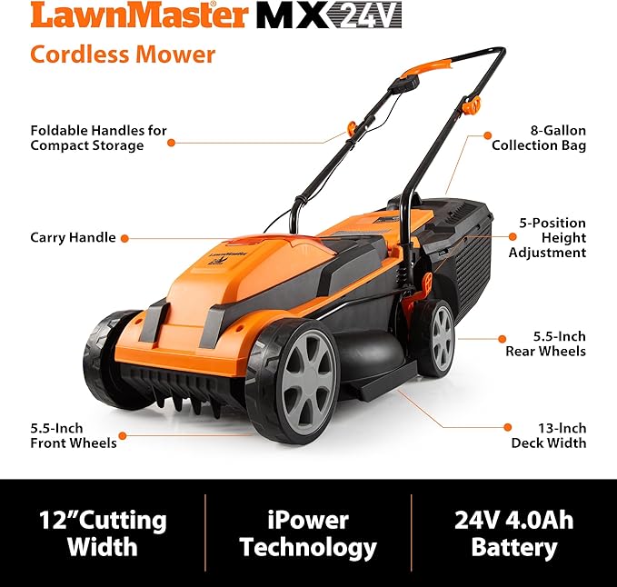 LawnMaster 24VMWBL 24V Max 13-inch Cordless Lawn Mower and Cordless Leaf Blower Combo with 2x4.0Ah Batteries and Charger