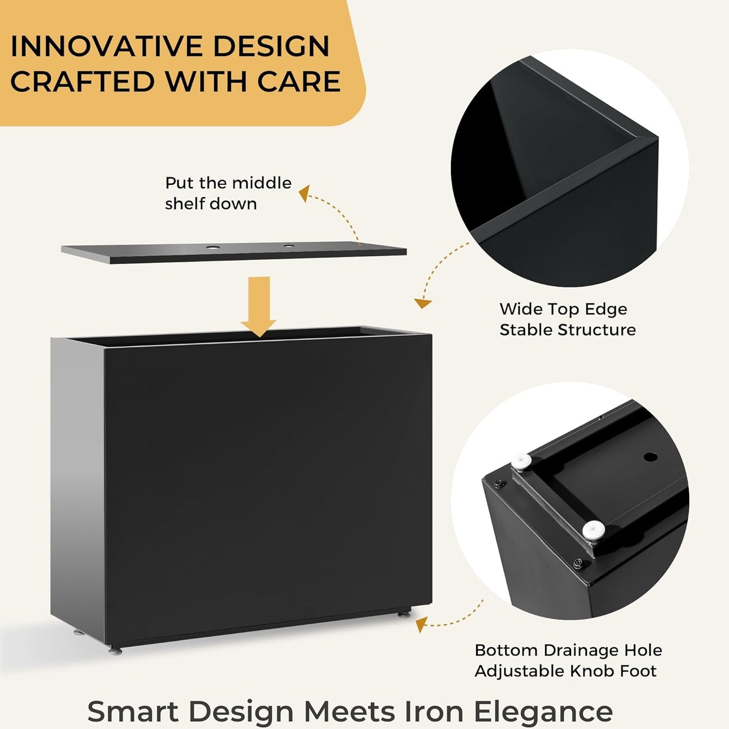 Tall & Long Metal Divider Planter 30W x 11D x 24H, Easy 5-Min Assembly, Outdoor Span Rectangular Planter Box with with Middle Shelf & Adjustable Feet, Versatile for Garden, Yard and Patio, Black