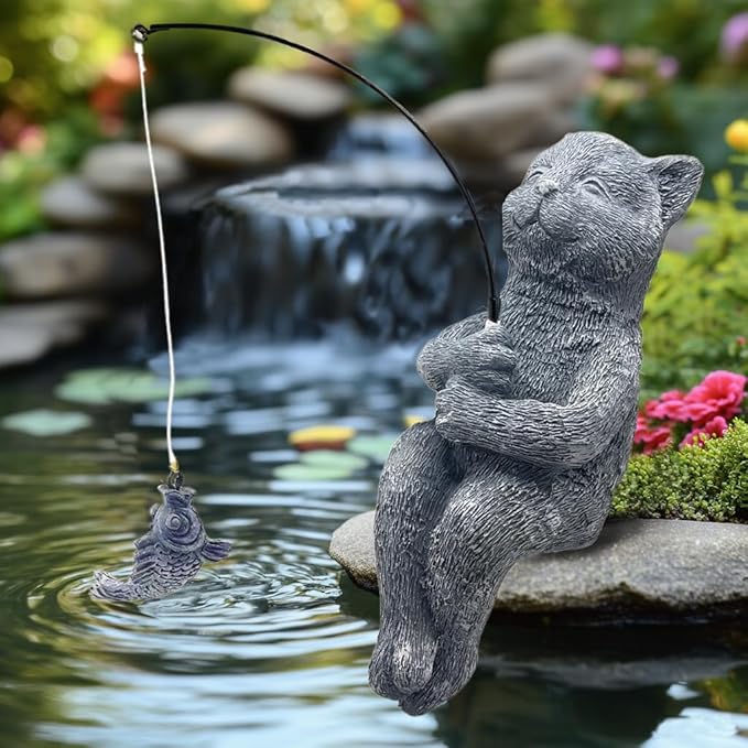 Cat Fishing Statue Garden Decor – 9.8" Weatherproof Resin Cat Fishing Sculpture Decor for Fish Ponds, Koi Ponds, Waterfalls, Poolside & Outdoor Gardens– Resin Figurine for Indoor & Outdoor Décor