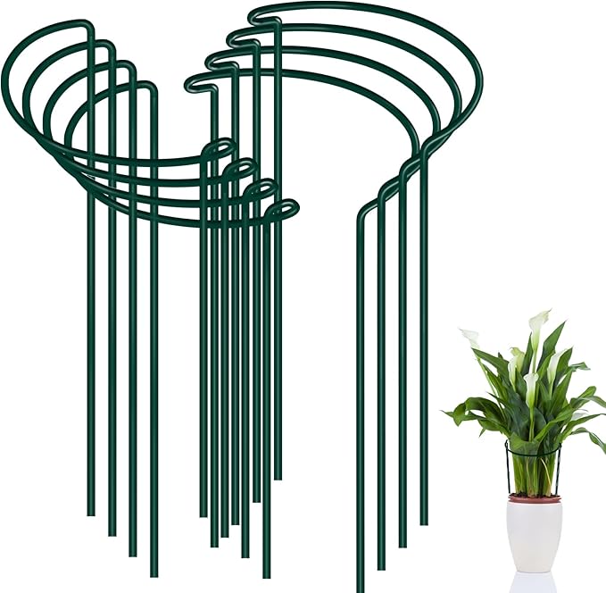 FEED GARDEN 8 Pack Plant Support Stakes, Peony Cages and Supports, Metal Garden Plant Stake(10" Wide x 24" High) Green Half Round Plant Support Rings for Outdoor Indoor Plants, Tomato, Hydrangea