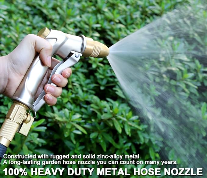 ESOW Heavy Duty Metal Garden Hose Nozzle, High Pressure Water Hose Nozzle with 4 Spray Patterns Rotating, Ideal for Outdoor Lawn & Garden Watering, Car & Pet Washing, Silver