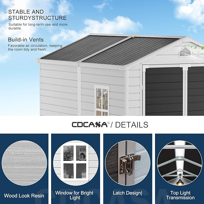 CDCASA 8x6 FT Resin Storage Shed, Large Waterproof Outdoor Sheds with Floor & Lockable Door & Vents, Plastic Tool Shed for Backyard, Patio, Poolside, Cabinet, Dove Grey