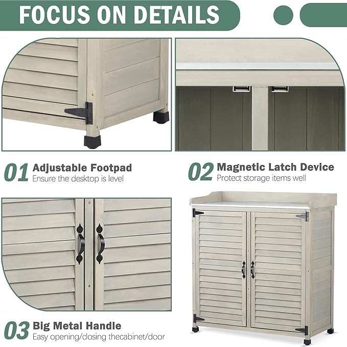 Outdoor Potting Bench with Metal Work Top,Waterproof Garden Storage Cabinet,Wooden Tool Station Shed for Backyard,Patio,Lawn Gardening