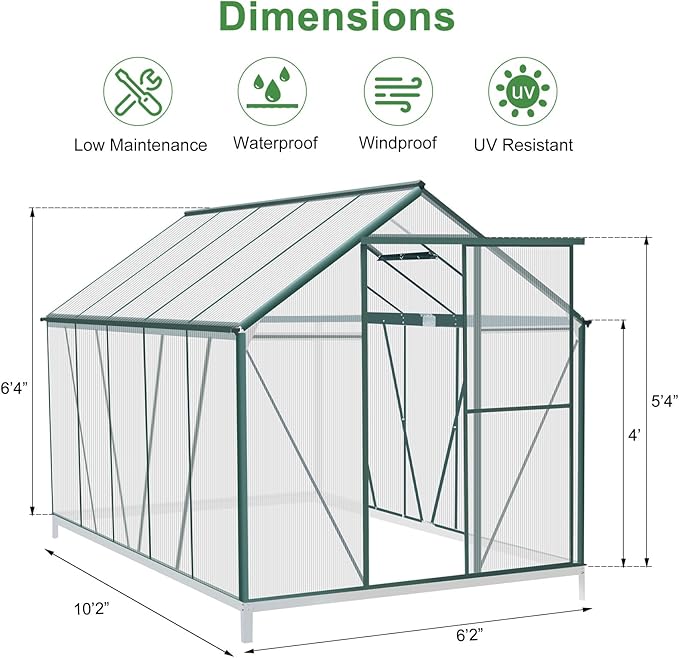 Polycarbonate Greenhouse Kit, 10x6 FT Heavy Duty Outdoors Durable Green House with Double Vent Window Lockable Door, Twin-Wall Panels, Walk in Green Houses for Backyard Outside Garden