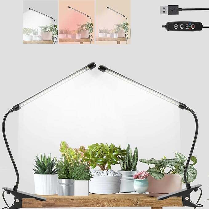 Full Spectrum Grow Lights for Indoor 6000K White Red LEDs, 9-Level Dimmable Indoor Plant Growing Light for Seed Starting, Auto on/Off Clip Plant Grow Lamp, 3/9/12H Timer, 2packs