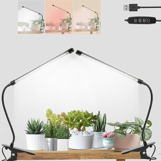 Full Spectrum Grow Lights for Indoor 6000K White Red LEDs, 9-Level Dimmable Indoor Plant Growing Light for Seed Starting, Auto on/Off Clip Plant Grow Lamp, 3/9/12H Timer, 2packs