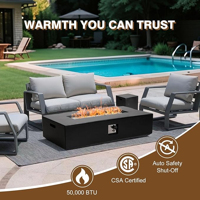 2-Piece Outdoor Propane Fire Pit Table Set – Premium Marble-Like MgO Finish, 56-Inch Gas Fire Table with Tank Table for Patio, Garden & Backyard, Includes Rain Cover & Glass Beads