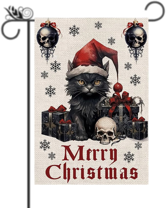 Gothic Christmas Garden Flag Black Cat Goth Halloween Christmas Decor Winter Vertical Burlap Double Sided Yard Welcome Flag Seasonal Xmas Decorations for Festival Holiday Winter Decorations Gifts 12.5*18 Inch