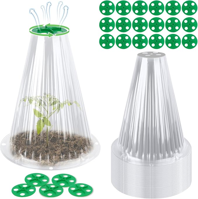 UQM 50 Pack Garden Cloches for Plants, Reusable Bell Plant Protector with Rotary Vent Cover, Garden Protection from Animals Snails Birds Chickens Insect, 9.44" H X 8.07" D (Clear)